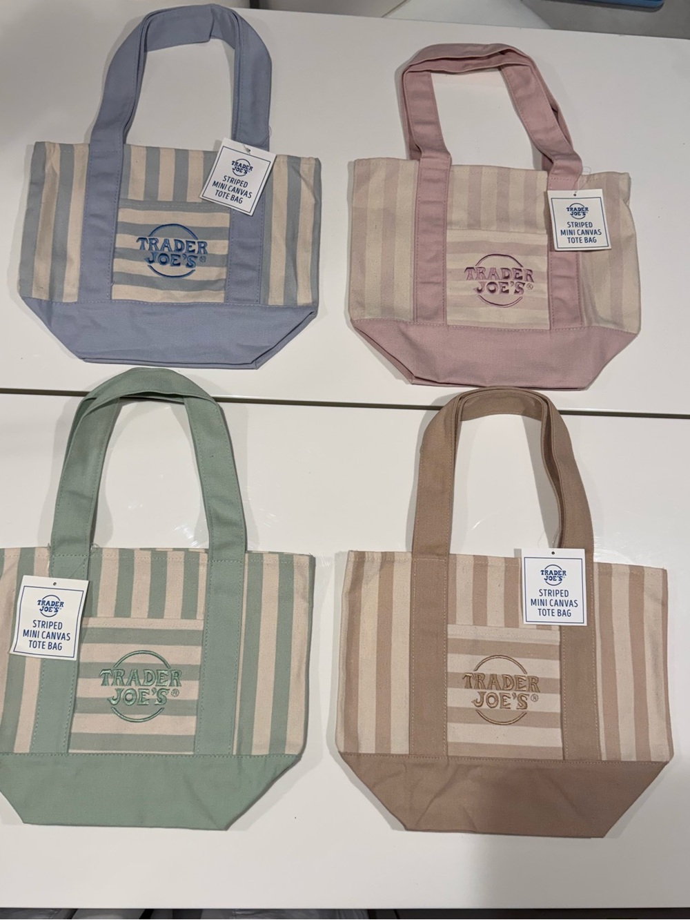 BNWT Set of Trader Joe's Striped Canvas Tote Bag - Pink, Blue, Green, Brown